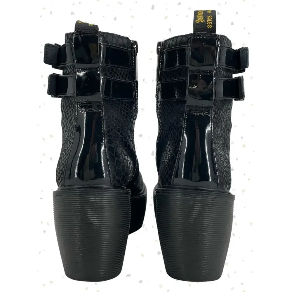 Dr. Martens Caitlin Black Reptile Snakeskin Wedge Buckles Ankle Boots Size 6